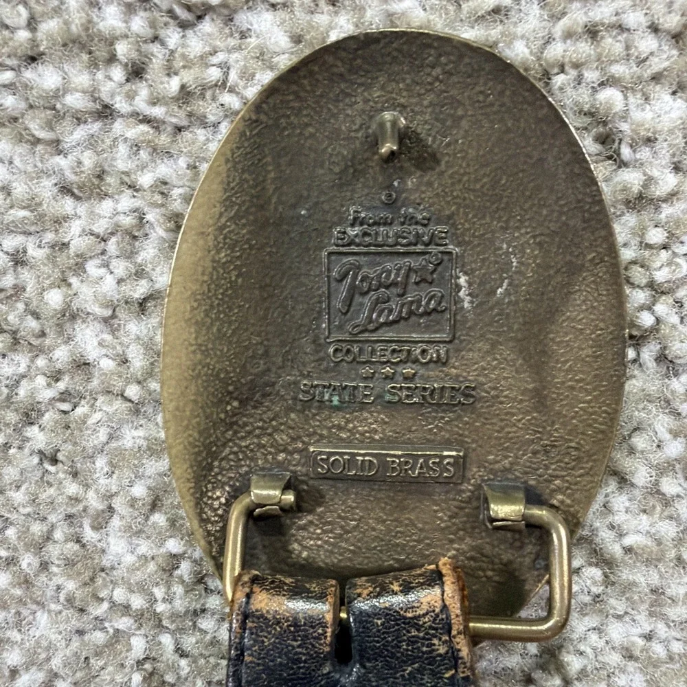 Vtg Tony Lama Brass Belt With Texas Buckle Full Grain Cowhide Sz 36 State Series